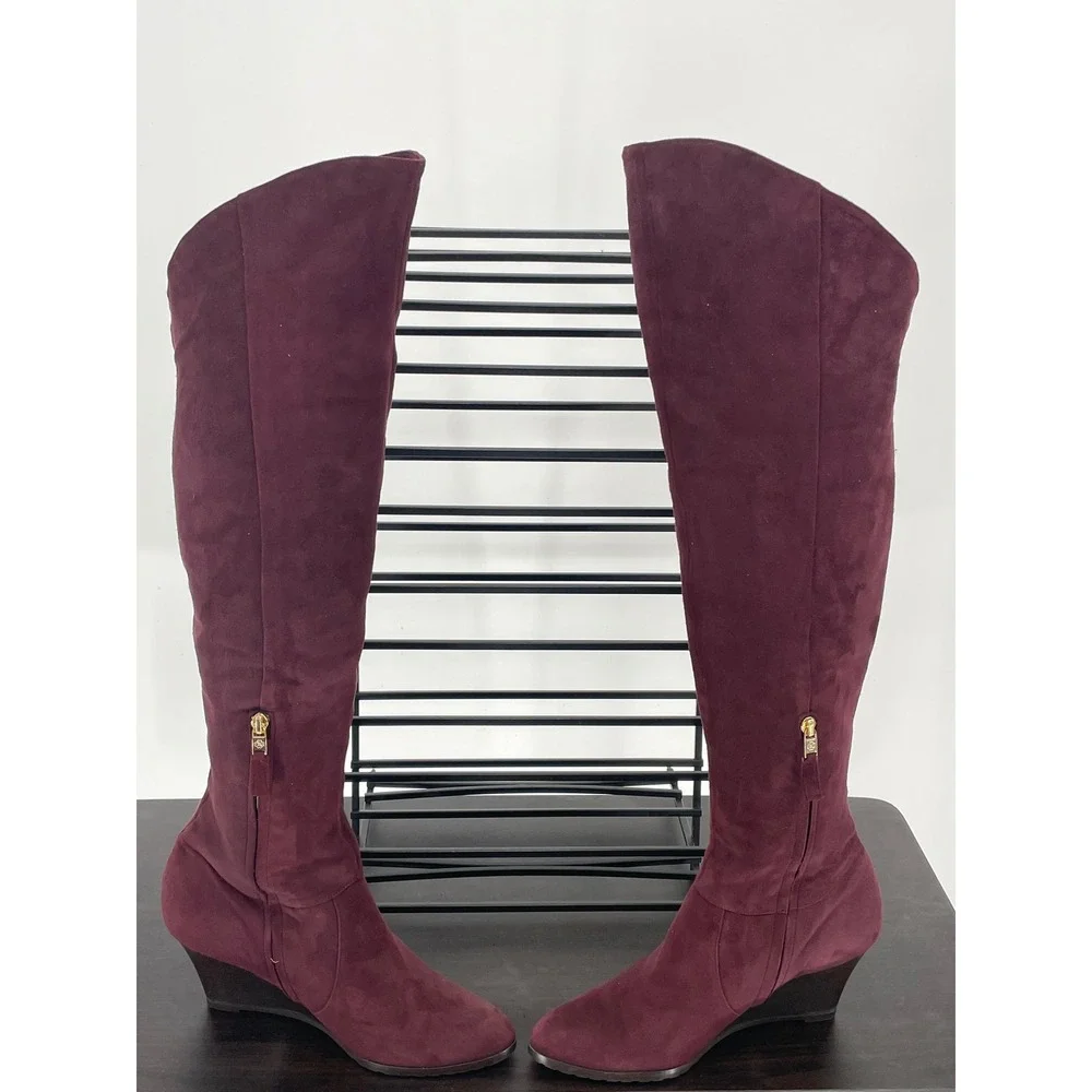 LK Bennett Plum Suede Over Knee Boots sz 39 8.5 Italian Leather Lined Wedge Heel